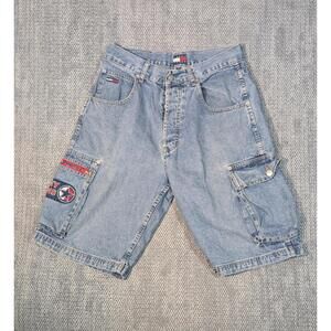 RARE 90s Vintage Tommy Hilfiger Mens Denim Cargo Jean Shorts Size 33 Side Zipper